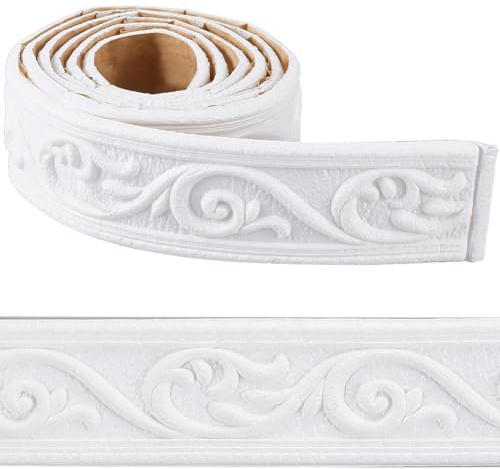 CRASPIRE 88 x 1.96 inch Crown Molding Peel and Stick 3D Flexible Foam Wall Trim White Self Adhesive Wallpaper Border Sticky Decorative Edging Baseboard Lines for Mirror Border Wall Hotel DIY Decor