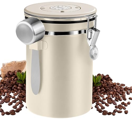 LEKEFET Boîte à Café Hermétique en Acier Inoxydable de 1,8 L avec Cuillère,Récipient à Café Hermétique, avec Affichage de la Date - Blanc