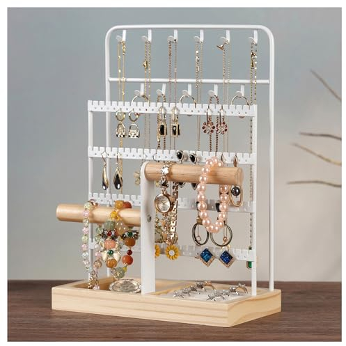 NUODWELL Organizador de joyas, soporte para collares, pendientes, torre de joyería, árbol de almacenamiento con bandeja para aretes y agujeros para anillos, pulseras, relojes (blanco)