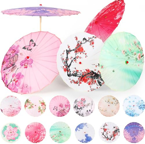 12 Pcs Chinese Oiled Paper Umbrella for Weddings 32 Inch Bamboo Silk Chinese Japanese Parasol Flower Art Dance Umbrella for Bridal Showers Favor Photography Costumes Props(Pink Blue,Stylish)