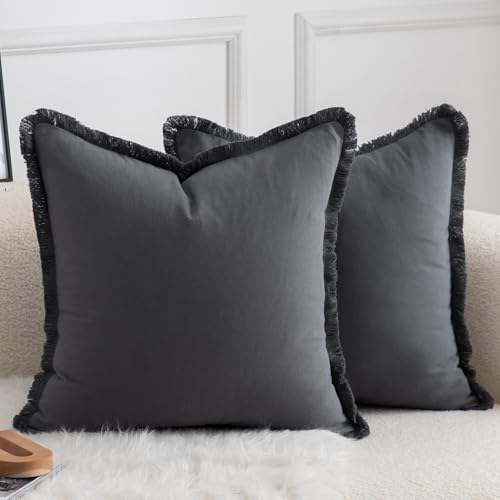 Mandioo 2er Set neutralen Baumwolle Quasten Kissenbezug 40x40cm Dekorative Kissenbezüge Dekokissen Boho Sofakissen Kissenhülle für Couch Sofa Schlafzimmer Wohnzimmer Heimdekoration Grau