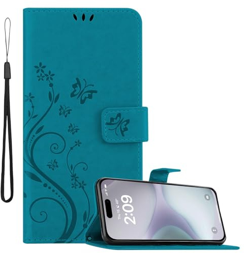 Cadorabo Hülle kompatibel mit Apple iPhone 16 in FLORAL BLAU - Schutzhülle im Blumen Design mit Magnetverschluss, Standfunktion und Kartenfächern