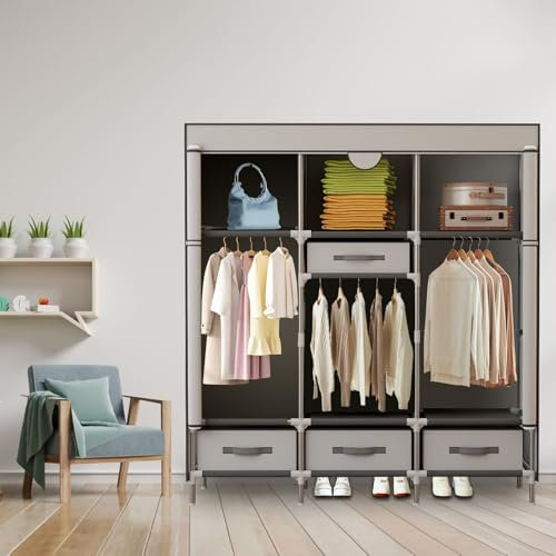 Temopow Upgrade Portable Canvas Wardrobe 3ranging rail &4Drawers,19mm sturdy wardrobe for bedroom 125x45x170cm(Ash White)