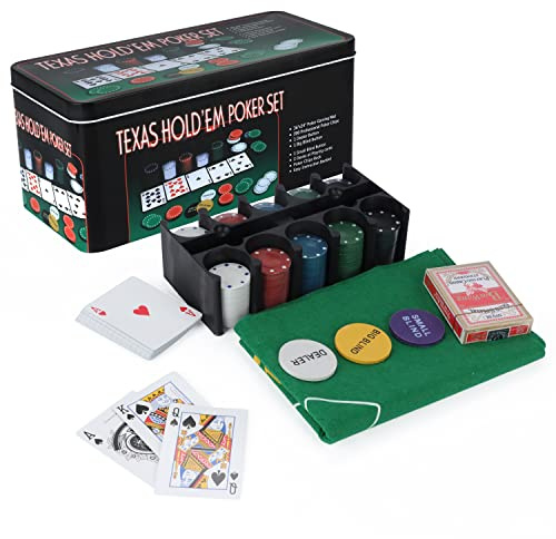 SILVER VALLEY 200-teiliges Pokerset Casino Style Spiel Texas Hold'em Poker und Blackjack Spiel mit Filz Double Side Matte, Chips, Chipdeck, Spielkarten und Metalldose Geschenkbox