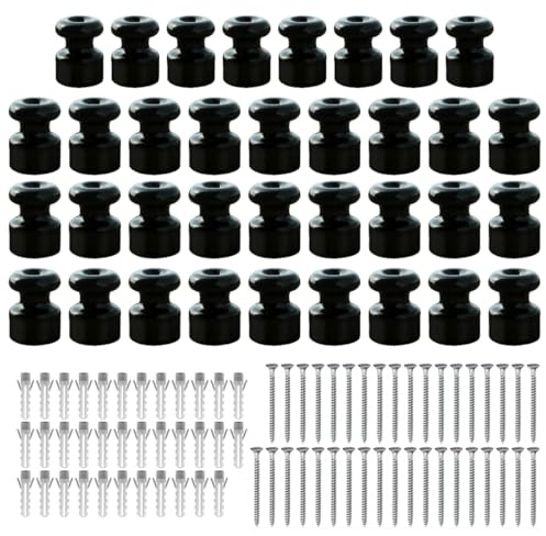 OASHISU 35 x Aisladores de Porcelana Negro para Instalación Cable Textil | aisladores para cables trenzados, aislante de porcelana, brillante, Ø18 mm, aisladores de cerámica vintage