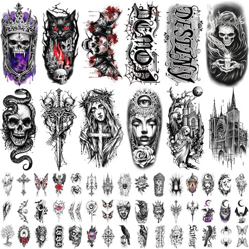 77 feuilles de tatouages temporaires, faux tatouages mystérieux d'horreur de style gothique pour adultes adolescents, grands tatouages temporaires imperméables pour le maquillage d'horreur