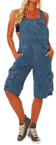MASUCOR Women's Dungarees Short Jeans Bib Pants Casual Loose Overall Baggy Jumpsuit Women's Denim Straight Leg Cargo Pants Knee Length Summer Overall with Pockets Solid Color(Blue,M)