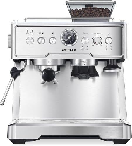 Reemix Siebträgermaschine, 20 Bar Espressomaschine/Kaffeemaschine mit integriertem Mahlwerk und Milchaufschäumer, 1350 W, 2,8 l Tank, Edelstahl/silber. Barista-Kit