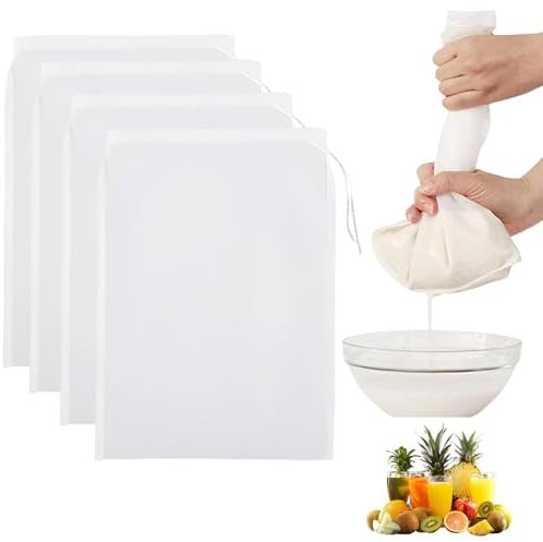 Diffaxy 4 Nussmilchbeutel 30 × 20 cm Nylon Feinmaschiges Passiertuch Feinmaschiges Filter mit Kordelzug Filterbeutel für hausgemachten Käse, Obstsaft und Gemüsesaft Waschbar und Wiederverwendbar