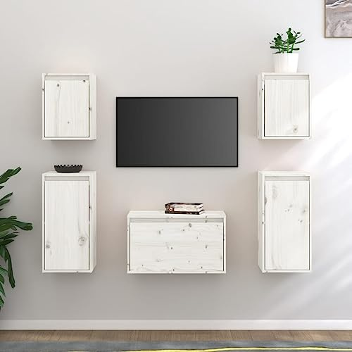 Ziaphsol TV-Schränke 5er Set Weiß Massivholz Kiefer, Wohnzimmer Entertainment Center, Schweberegal TV Konsole, Modernes Design für Bücher & Deko