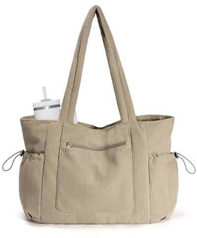 ECOHUB Large Corduroy Tote Bag, Work Tote Bag for Women with Zipper | Recycled Handbag with 15.6 Laptop Compartment, Shoulder Bags for Shopping Travel Daily Use