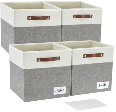 Bagnizer Collapsible Fabric Cube Storage Boxes, 33 x 38 x 33 cm, 4 Pack | 2 Reinforced PU Handles, Label Holders, Large Storage Bins for Closet, Shelves, Living Room, Gray & White