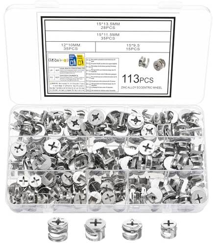 113 Pcs Cam Lock Nuts, Eccentric Cam Locks Fittings, Cabinet Connectors, Furniture Connectors, Furniture Hardware Fixing Screws Set for Drawer Dresser Cabinet Fastener Wardrobe Connecting Nuts