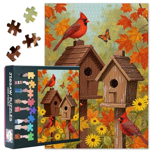 1000 Teile Puzzle für Erwachsene Roter Vogel im Herbstgarten Farbenfrohes Gartendesign Kunstpuzzle Entspannungspuzzle Wanddekoration für Wohnzimmer 50.5 x 70.5 cm