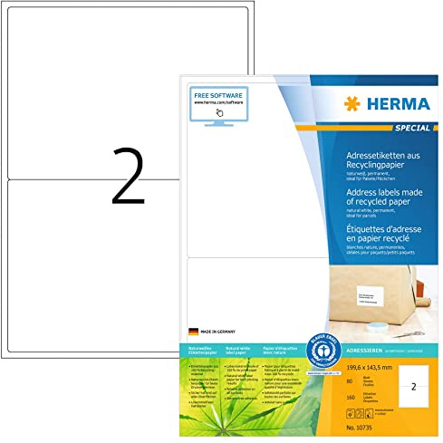 HERMA 10735 Recycling Etiketten, 1120 Blatt, 199,6 x 143,5 mm, 2 pro A4 Bogen, 2240 Stück, selbstklebend, bedruckbar, matt, blanko Recycling-Papier Klebeetiketten Aufkleber, natur-weiß