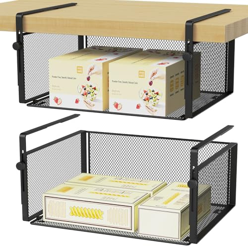 Shruntone 2Pack Under Shelf Storage Basket,Under Desk Basket Adjustable Under Cabinet Shelf for Kitchen Cabinet Cupboard Desk Counter Bookshelf Add-on Space Saver Heavy Duty Slide-in (Black)