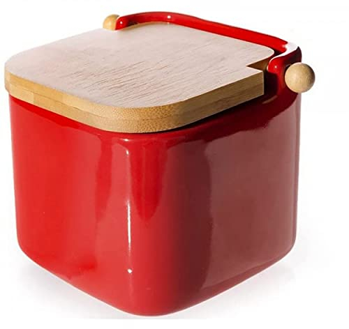 Home Line Salero Rojo cerámica con Tapa de bambú, 12x12x11 cm
