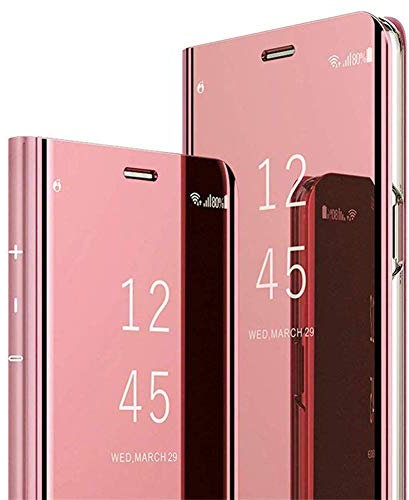 Robinsoni Coque Flip Case pour Samsung Galaxy A10, Clear View Case Miroir Effet, Rabat Magnétique PU Cuir Anti Choc Housse Etui Protection, Rose Gold