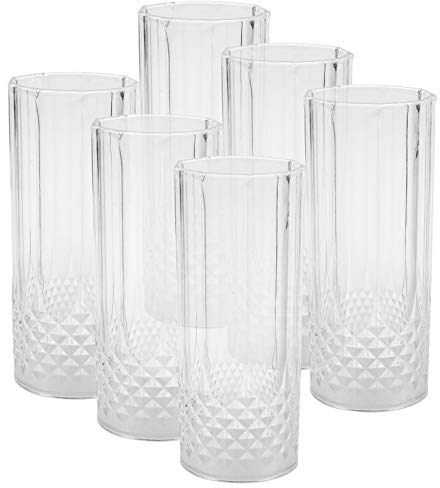 ASAB 6pk Crystal Effect Highball Glasses Tall Plastic Tumbler Set Safe Drinking Cup Wine Dining Clear Bar Table Glassware hi-ball
