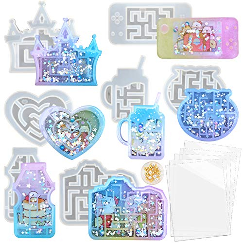 Maze Shaker Resin Silicone Moulds Set Quicksand Making with Beads, Seal Films 7-Count Castle, Fish Tank, Straw Cup, Handheld Game, Camera, Heart, Drink