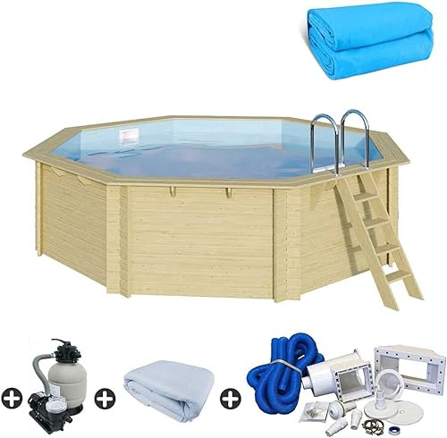 Trend Holzpool Set Achteck 400 x 400 x 124 cm Innenhülle blau