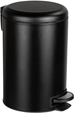 WENKO Küchen Abfalleimer Mod. Leman, 12 Liter, Mülleimer mit Absenkautomatik, Tretfunktion, herausnehmbarem Einsatz, aus lackiertem Stahl, 25 x 38 x 32 cm, Schwarz matt
