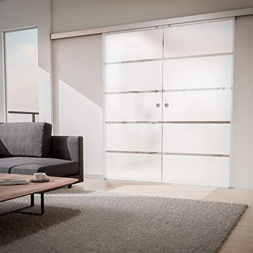 inova Doppeltür Glas-Schiebetür 2-Flügelig 1510 x 2035 mm Blockstreifen satiniert Alu Komplettset mit Lauf-Schiene und Griffmuschel beidseitige Einzugsdämpfung