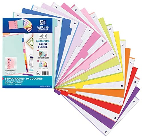 Oxford Strongline, Separadores Archivador 4 anillas A4, Plástico Opaco, 10 Posiciones, 4 Taladros, 10 Colores