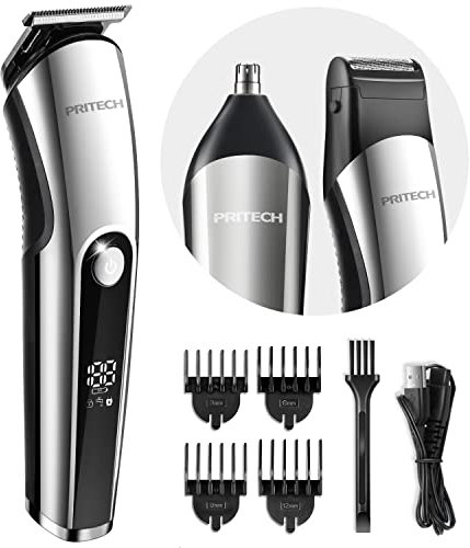 PRITECH Barttrimmer für Männer, 3 in 1 Haartrimmer Set, Nasen- und Ohrhaartrimmer, Mikro-Rasierer, Männer-Pflegeset kabellos mit LED-Display, IPX6 wasserdicht (Silber)