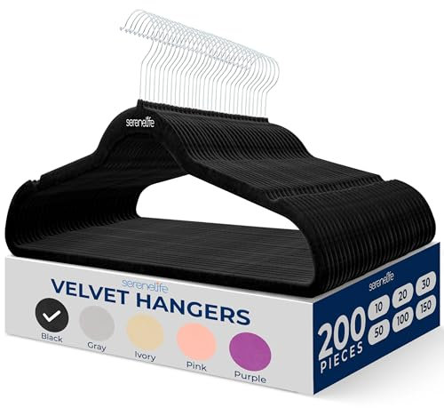 SereneLife Grucce Appendiabiti Antiscivolo in Velluto, 200 Stampelle Armadio, Set di Grucce Resistenti con Gancio Ruotabile a 360 Gradi, Appendiabiti per Felpe, Abbigliamento Bambino