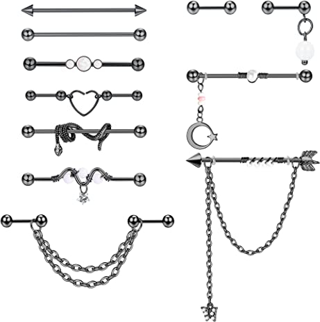 Kakonia 14G Industrial Piercing Schmuck - 11 Stück Edelstahl Ohrringe Mit Kette für Damen Herren - Dangle Bar Doppelknorpel Helix Langhantel