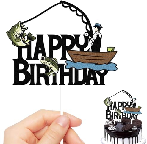 Silars Tortenaufleger Angler Cake Topper Fischer, 1 Stück Glitzer Kuchendeko Geburtstag Fische, Angeln Tortendeko für Tischdekoration für Angeln Thema Geburtstagsparty