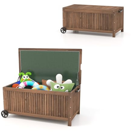 HOMASIS - Baúl de almacenamiento de madera de abeto 213L, maletero de jardín resistente a la intemperie con ruedas y forro extraíble impermeable, banco de almacenamiento exterior, carga 50 kg para