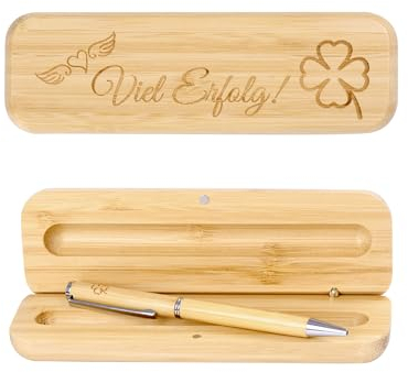 NETONDA Viel Erfolg Geschenk Nachhaltiger Kugelschreiber mit Gravur Kleeblatt Bambus Stift mit Gravur in Geschenkbox Glücksbringer Prüfung Neuer Job Ausbildung Azubi Abschiedsgeschenk Kollegen