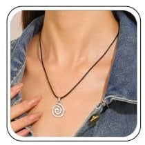 Inateannal Vintage Spiral Swirl Pendant Necklace - Leather Rope Choker with Black Leather Cord and Hollow Circle Chain