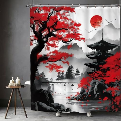 Kalmico Duschvorhang mit japanischen Kirschblüten, 152,4 x 183,9 cm (B x L), Tinte, Schwarz, Rot, Blumenmuster, asiatisch, chinesisch, Berg, Sonne, Anime, Badezimmer-Set, Zubehör, Dekor mit 12 Haken