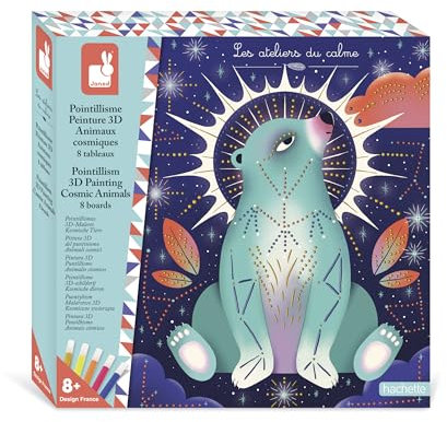 Janod - Coffret 8 Tableaux Peinture Relief aux Effets 3D - Coloriage en Pointillés & 5 Couleurs différentes - DIY - Les Ateliers du Calme - Kit Loisir Créatif Enfant - Dès 8 Ans - J09168