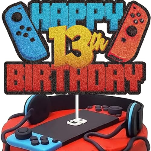 Décoration Gâteau Anniversaire Jeux Vidéo, Cake Topper Gâteau du 13 ans Décorations Gaming Gâteau Thème Console de Jeu à Paillettes Toppers Cupcake Fête 13e Anniversaire Enfant (2)