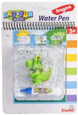 Simba Art & Fun Water Pen Drache – Malbuch mit Wasserpinsel & 4 magischen Seiten (17x19 cm), inkl. 6 cm Drachenfigur, wiederverwendbares Zaubermalbuch für Kinder ab 3 Jahren