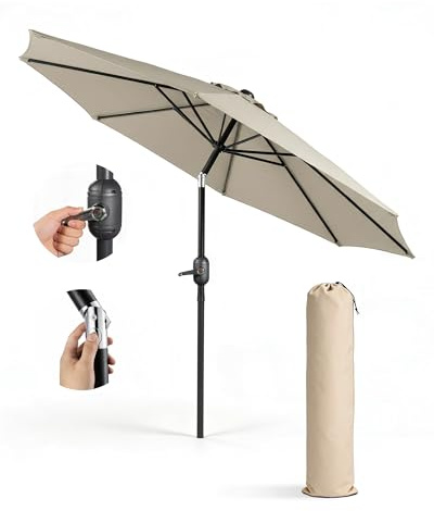 KEPLIN 2.7m Tilting Parasol – Crank & Tilt Outdoor Umbrella with Protective Cover, 180gsm UPF 50+ Polyester Canopy, Steel Frame for Patio, Garden & Balcony