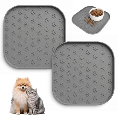 YPLANGENT Lot de 2 tapis de gamelle carrés pour chien - 27 x 27 cm - Étanche et antidérapant - En silicone avec bord gris - Pour chats et petits chiens