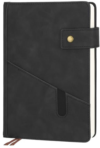 Notizbuch A5 Liniert, Journal Notebook mit 180 Blatt/360 Seiten Hardcover PU Leder Notizbuch mit 100gsm Dickem Papier Druckknopf Innentasche Notizbücher Liniert für Büro Schule (Schwarz)