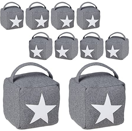 Relaxdays 10er Set Türstopper Stern, Türpuffer Stoff, Türsack Boden, hoch, mit Griff, dekorativ, HxBxT: 20 x 15 x 15 cm, grau