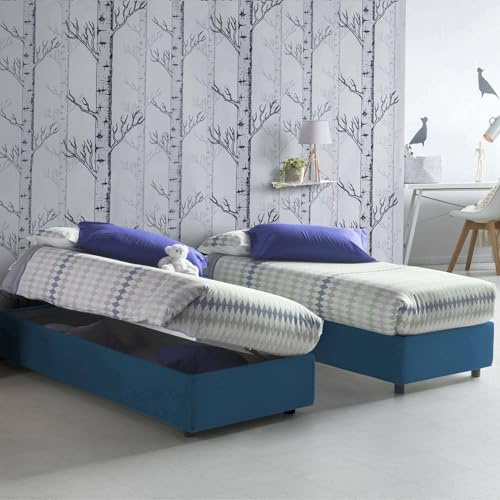 Talamo Italia - Einzelbett Diana, Bettkasten mit Stoffbezug, 100 % Made in Italy, seitliche Öffnung, inklusive Matratze 80 x 190 cm, Blau