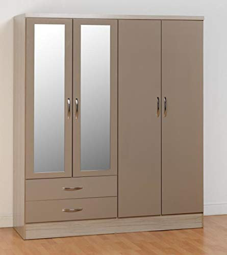 WFS Liverpool Nevada 4 Door 2 Drawer Mirrored Wardrobe in Oyster Gloss/Light Oak Effect Veneer