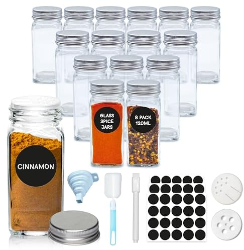 volila Botes Especias con Tapas (paquete De 16) - Botes Especias Cristal de 120ml con 160 Pegatinas, Bolígrafo, Esponja de Limpieza y Embudo - Botes Para Especias, Botes Especieros para Cocina
