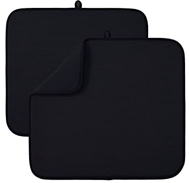Lot de 2 tapis de séchage en microfibre pour cuisine, égouttoir à vaisselle, tapis de séchage absorbant pour verre, assiette et tasse 40 cm x 46 cm, noir
