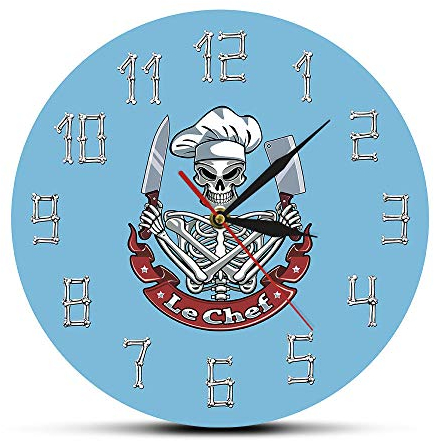 Skeleton with Chef Hat Knife Cleaver French Restaurant Kitchen Printed Mute Clock Le Chef Skull Cook Watch-15inch