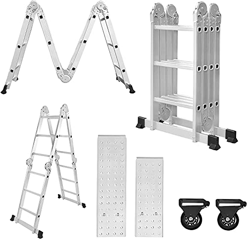 NAIZY Aluminium Mehrzweckleiter 340cm, 6 in 1 Multifunktionsleiter, Klappleiter mit 2 Rollen und Plattform, 4 x 3 Silber-Klappbare Vielzweckleiter bis 150KG