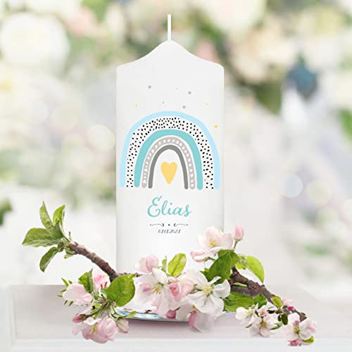 Wandtattoo Loft Taufkerze Junge personalisierte Patenkerze, Motiv mit blauen Regenbogen, 18cm x 7cm, personalisierte Kerze, bedruckte Kerze Taufe, Stumpenkerze, Geburtkerze, individuelles Taufgeschenk